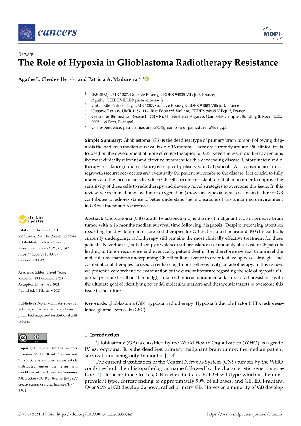 The Role of Hypoxia in Glioblastoma Radiotherapy Resistance