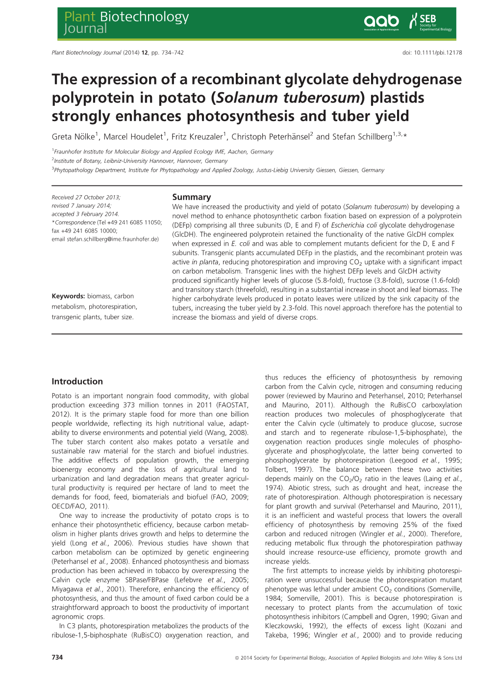 The Expression of a Recombinant Glycolate Dehydrogenase Polyprotein in Potato (Solanum Tuberosum) Plastids Strongly Enhances Photosynthesis and Tuber Yield