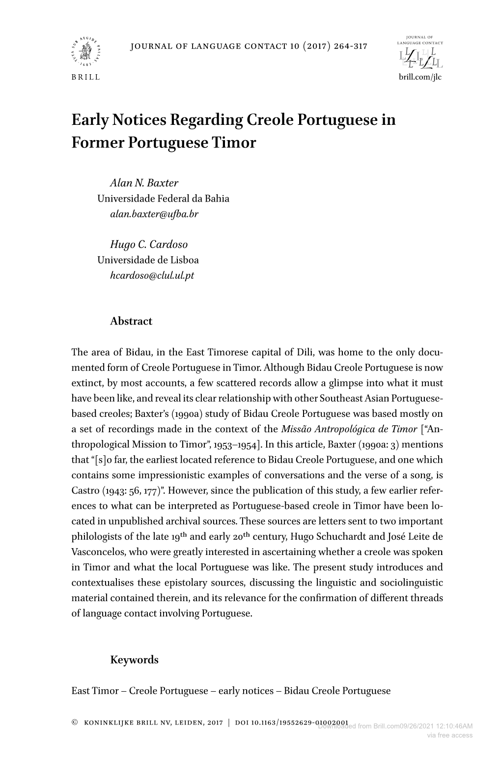 Early Notices Regarding Creole Portuguese in Former Portuguese Timor