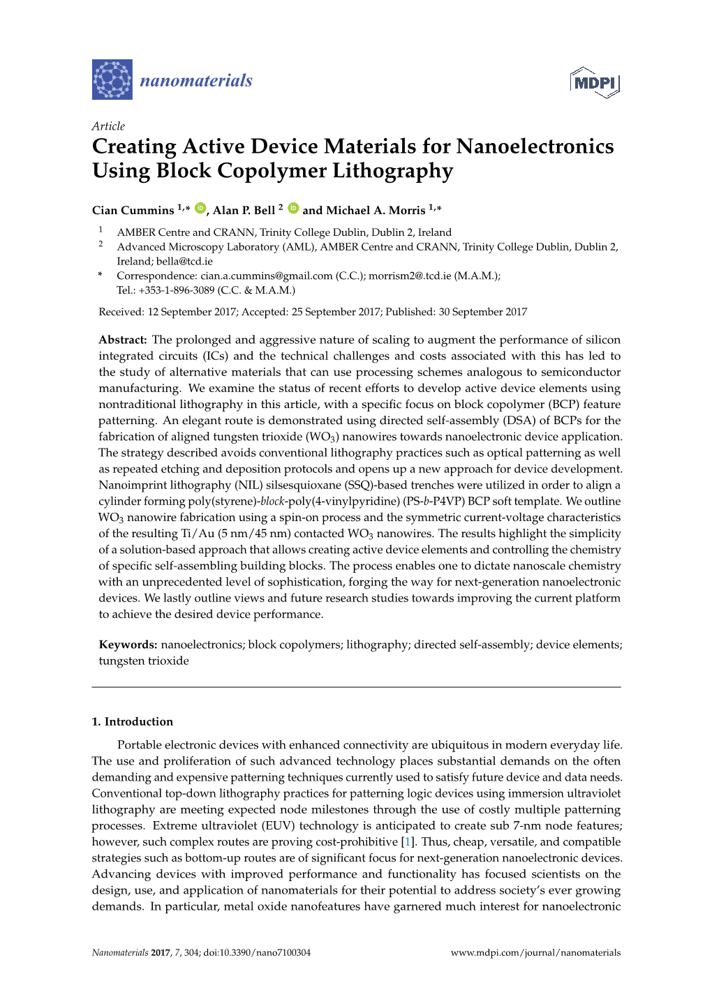 Creating Active Device Materials for Nanoelectronics Using Block Copolymer Lithography