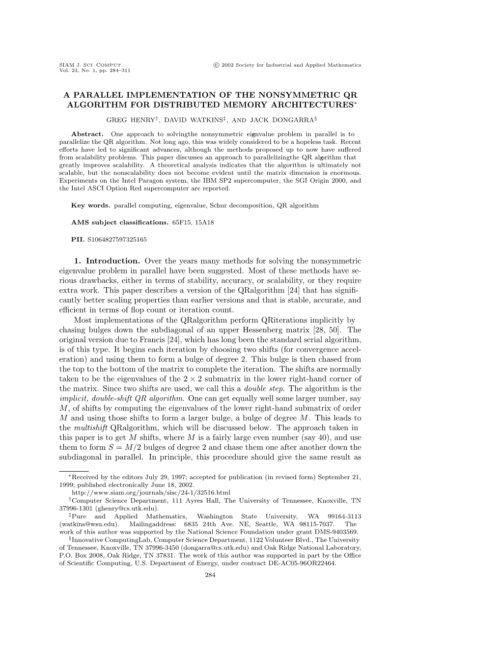 A Parallel Implementation of the Nonsymmetric Qr Algorithm for Distributed Memory Architectures∗