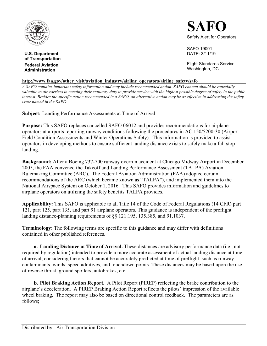 SAFO19001: Landing Performance Assessments at Time of Arrival