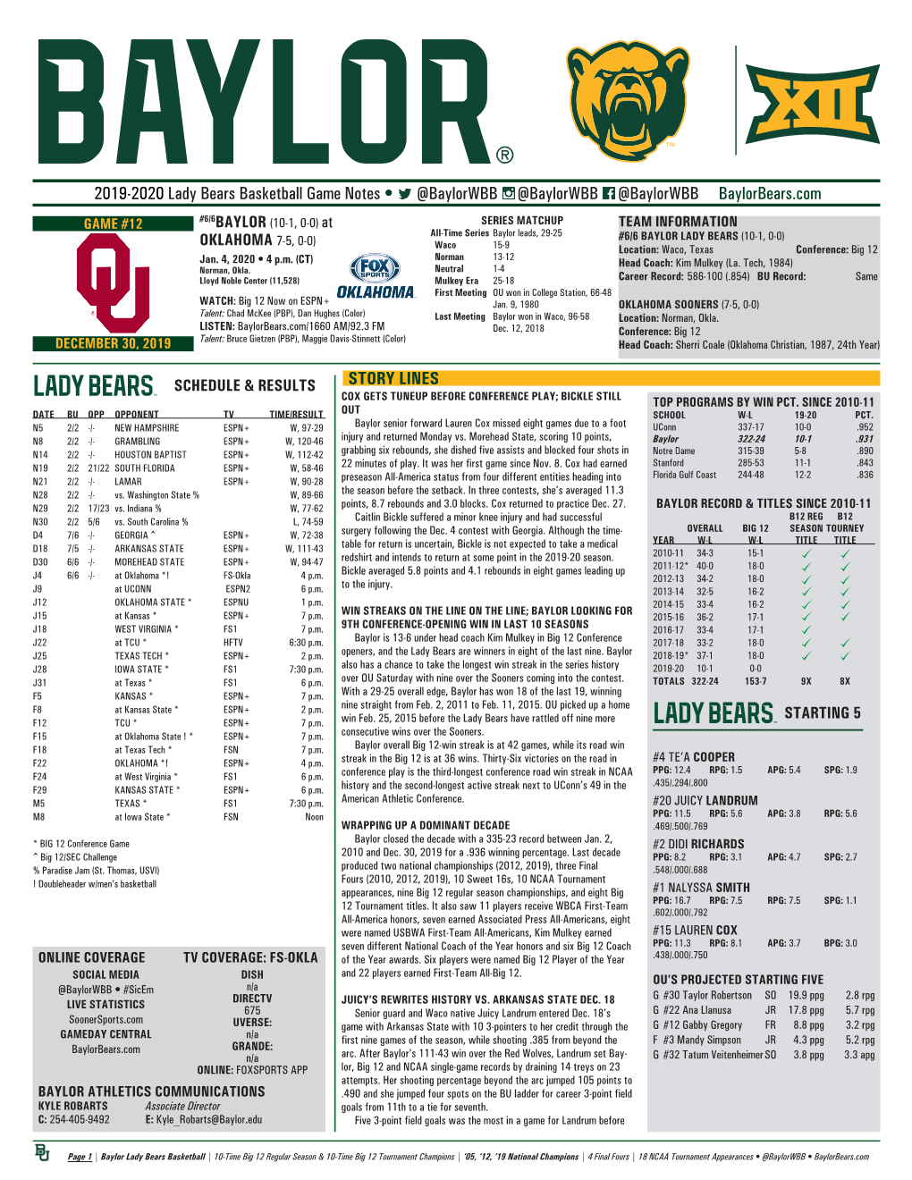 2019-2020 Lady Bears Basketball Game Notes • @Baylorwbb