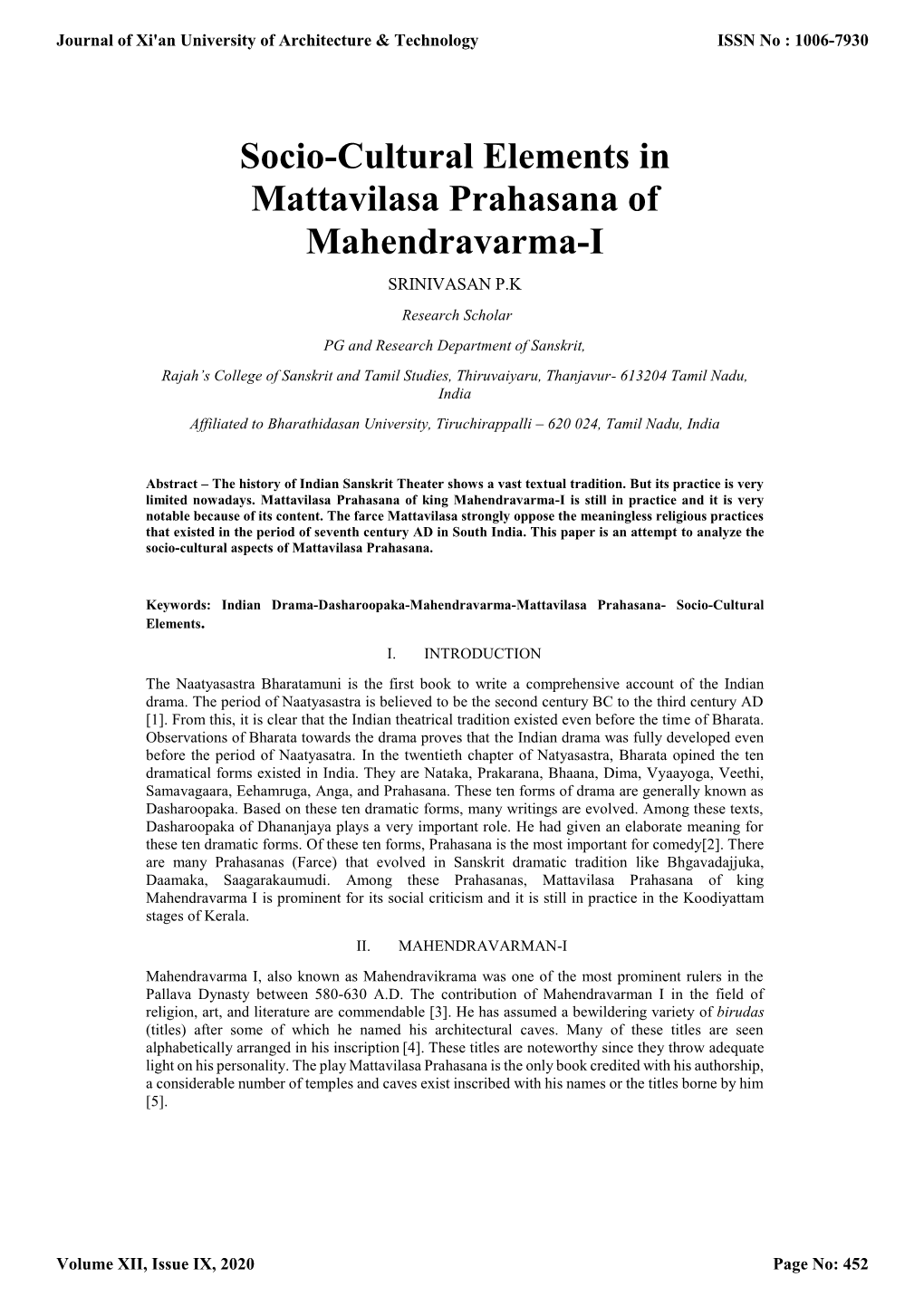 Socio-Cultural Elements in Mattavilasa Prahasana Of