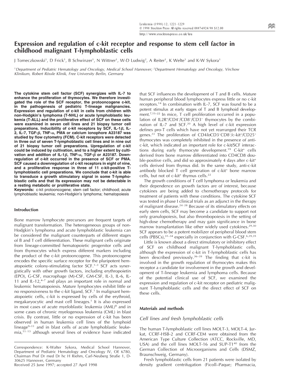 Expression and Regulation of C-Kit Receptor and Response to Stem Cell