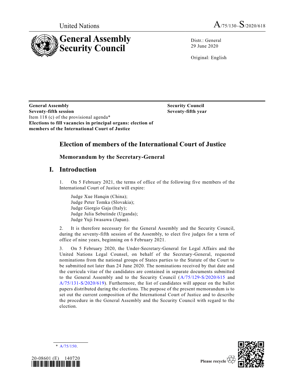 A/75/130–S/2020/618 General Assembly Security Council