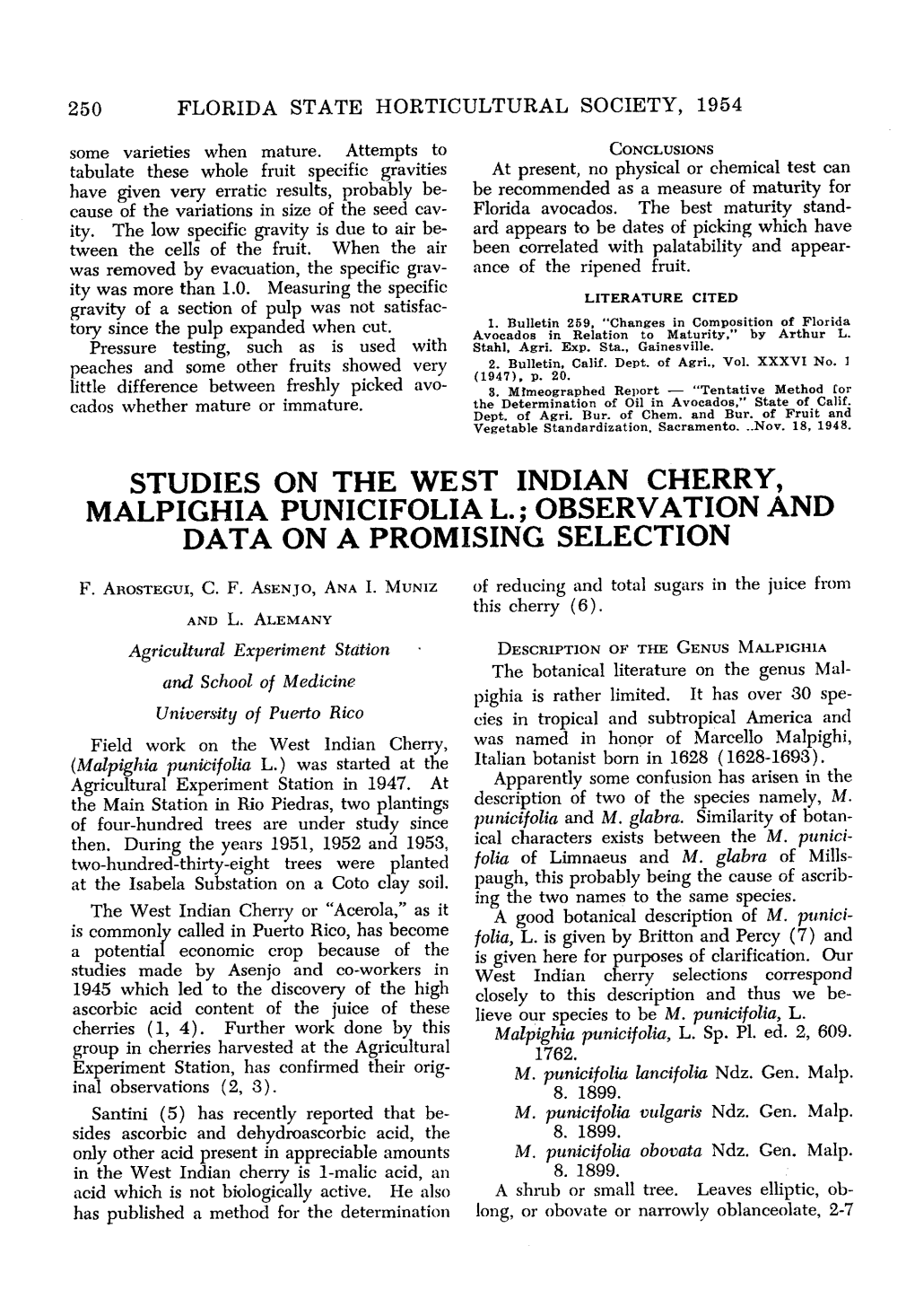 Studies on the West Indian Cherry, Malpighia Punicifolia L.; Observation and Data on a Promising Selection