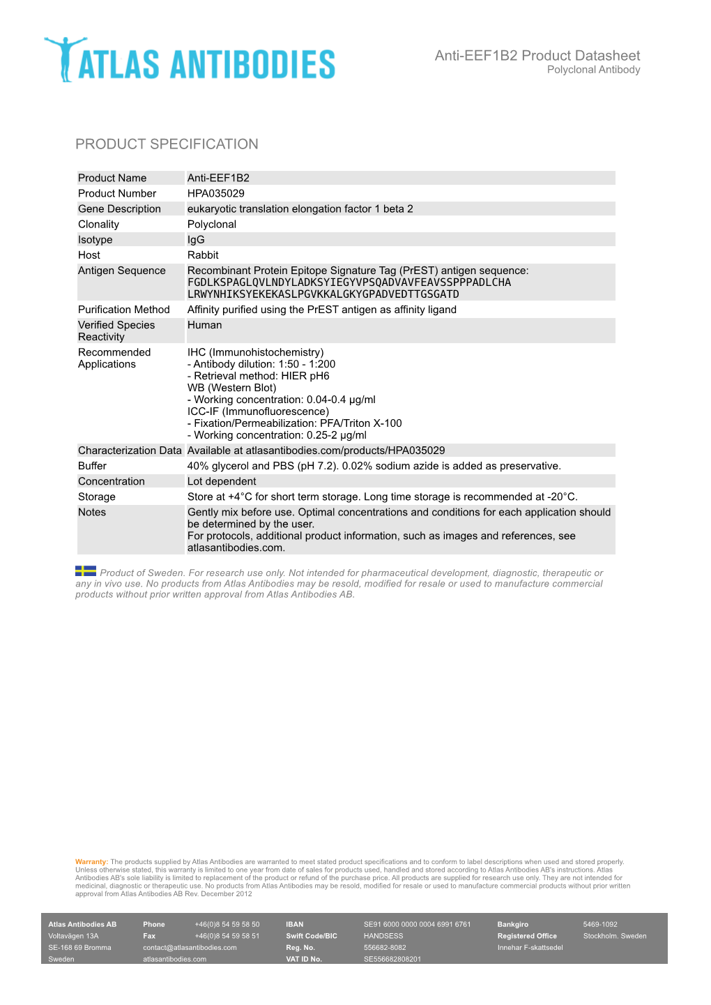 PRODUCT SPECIFICATION Anti-EEF1B2 Product Datasheet