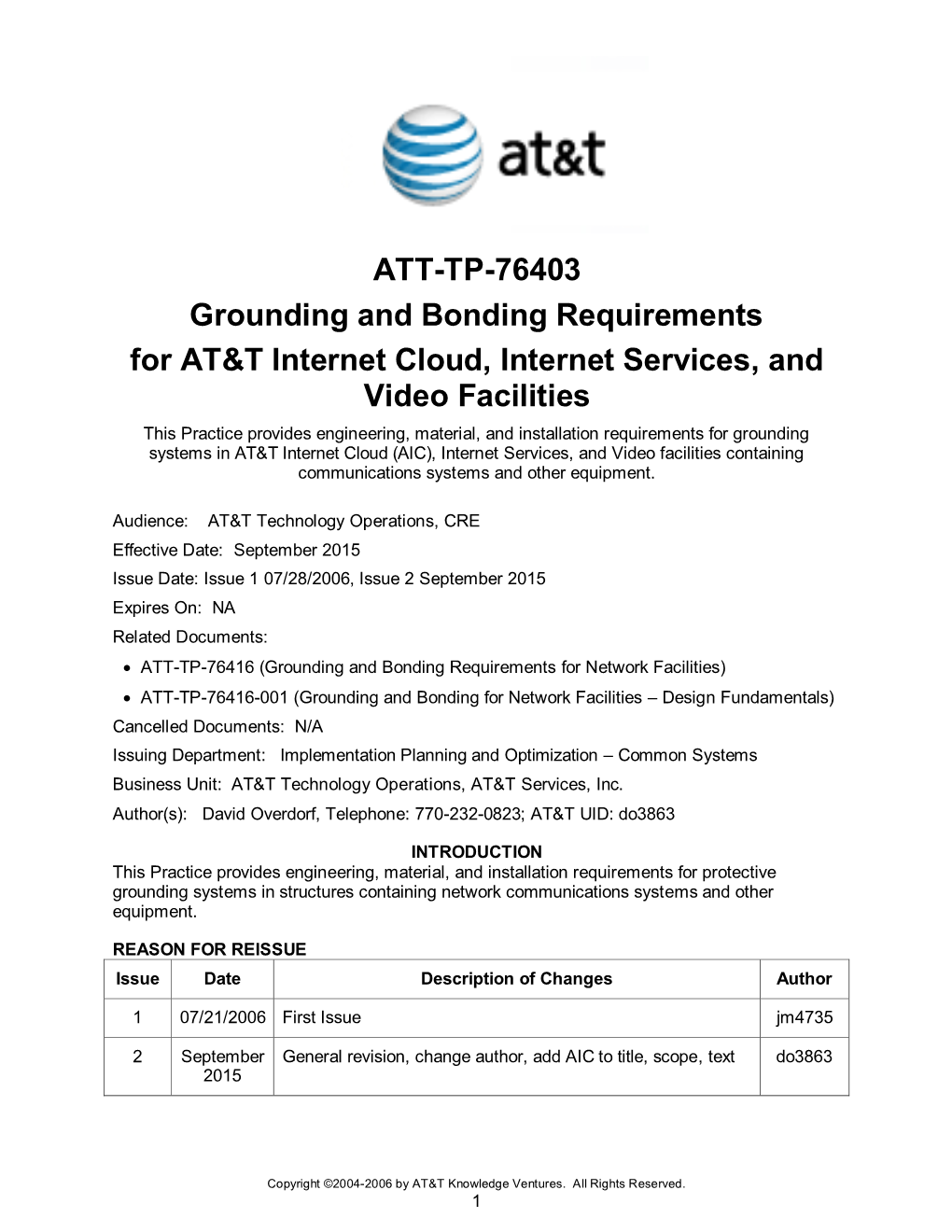 ATT-TP-76403 Grounding and Bonding Requirements for AT&T