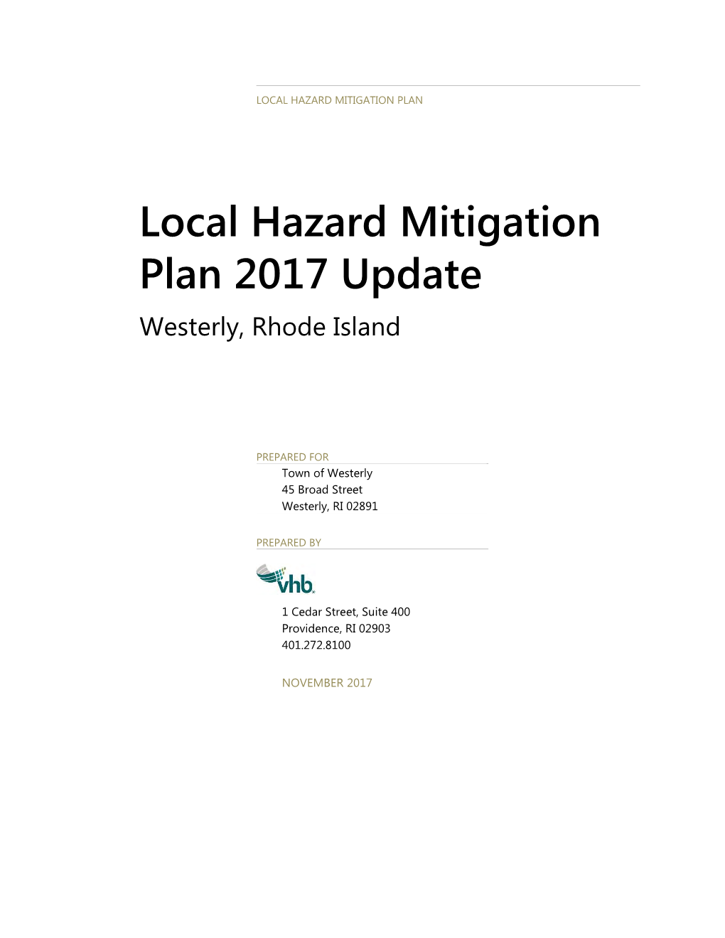 Local Hazard Mitigation Plan 2017 Update Westerly, Rhode Island