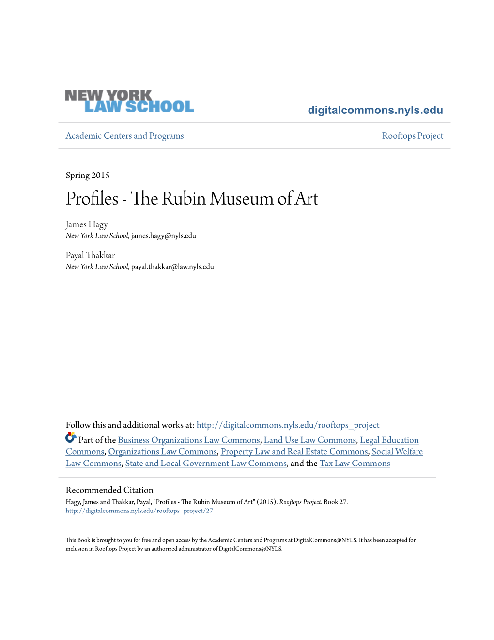 Profiles - the Rubin Um Seum of Art James Hagy New York Law School, James.Hagy@Nyls.Edu