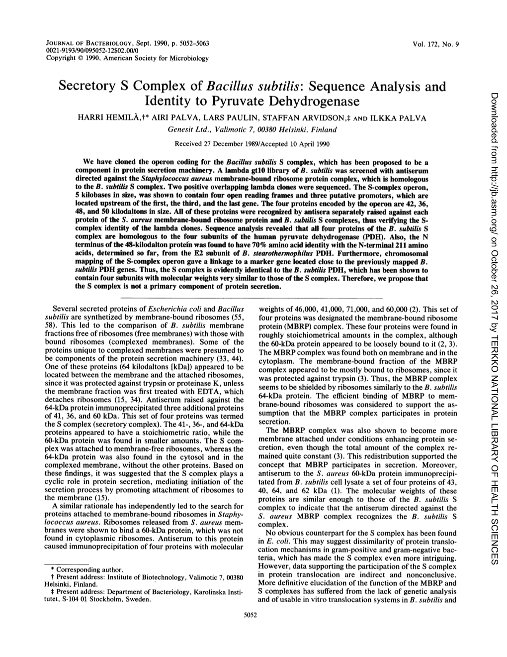 Secretory S Complex of Bacillus Subtilis: Sequence Analysis and Identity to Pyruvate Dehydrogenase