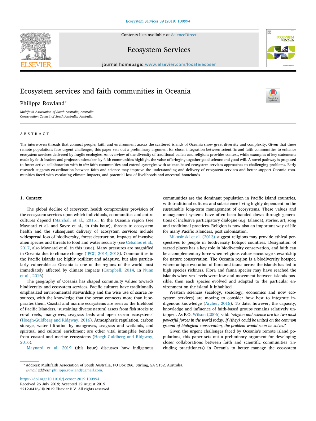 Ecosystem Services and Faith Communities in Oceania T ⁎ Philippa Rowland