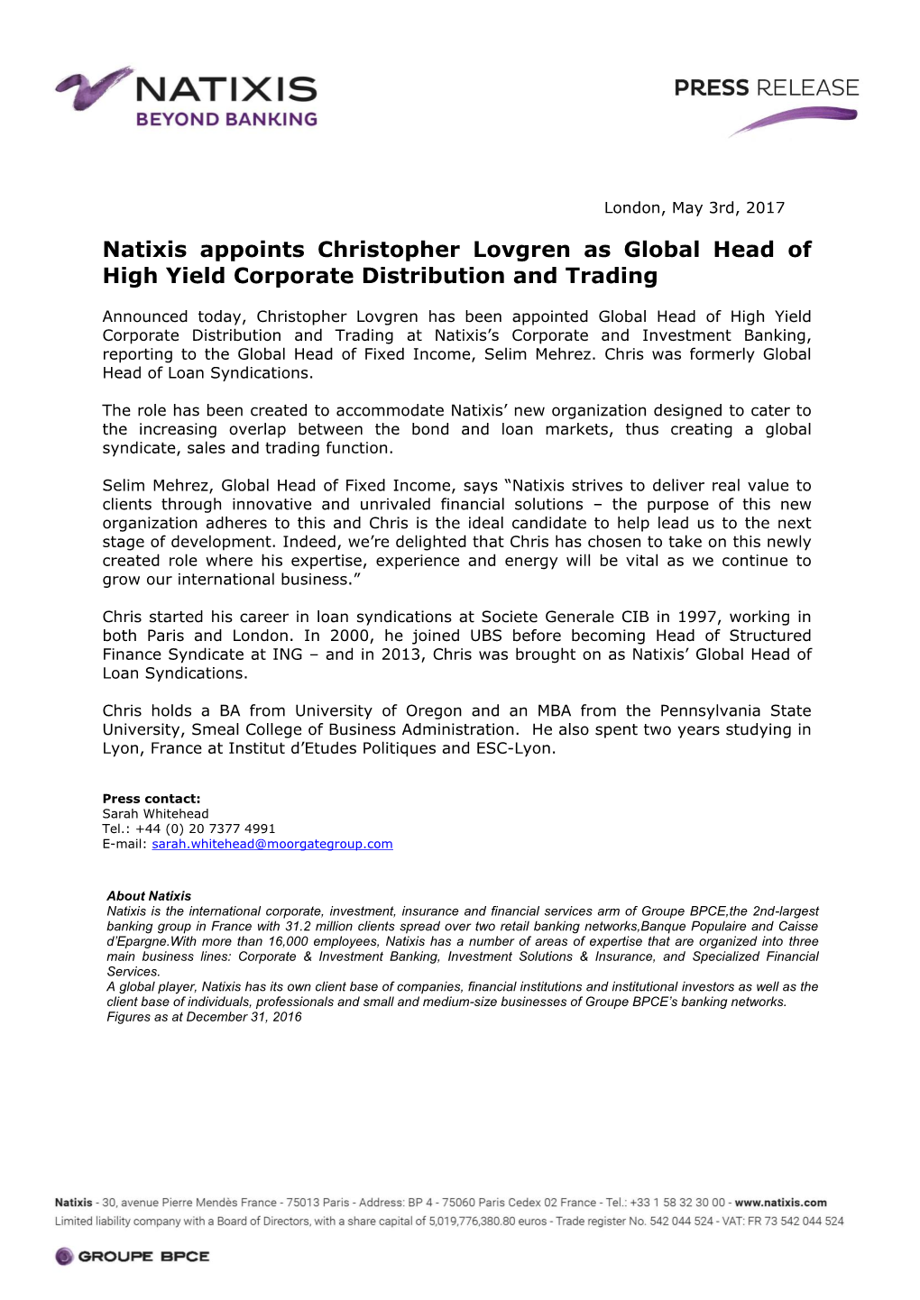 Natixis Appoints Christopher Lovgren As Global Head of High Yield Corporate Distribution and Trading