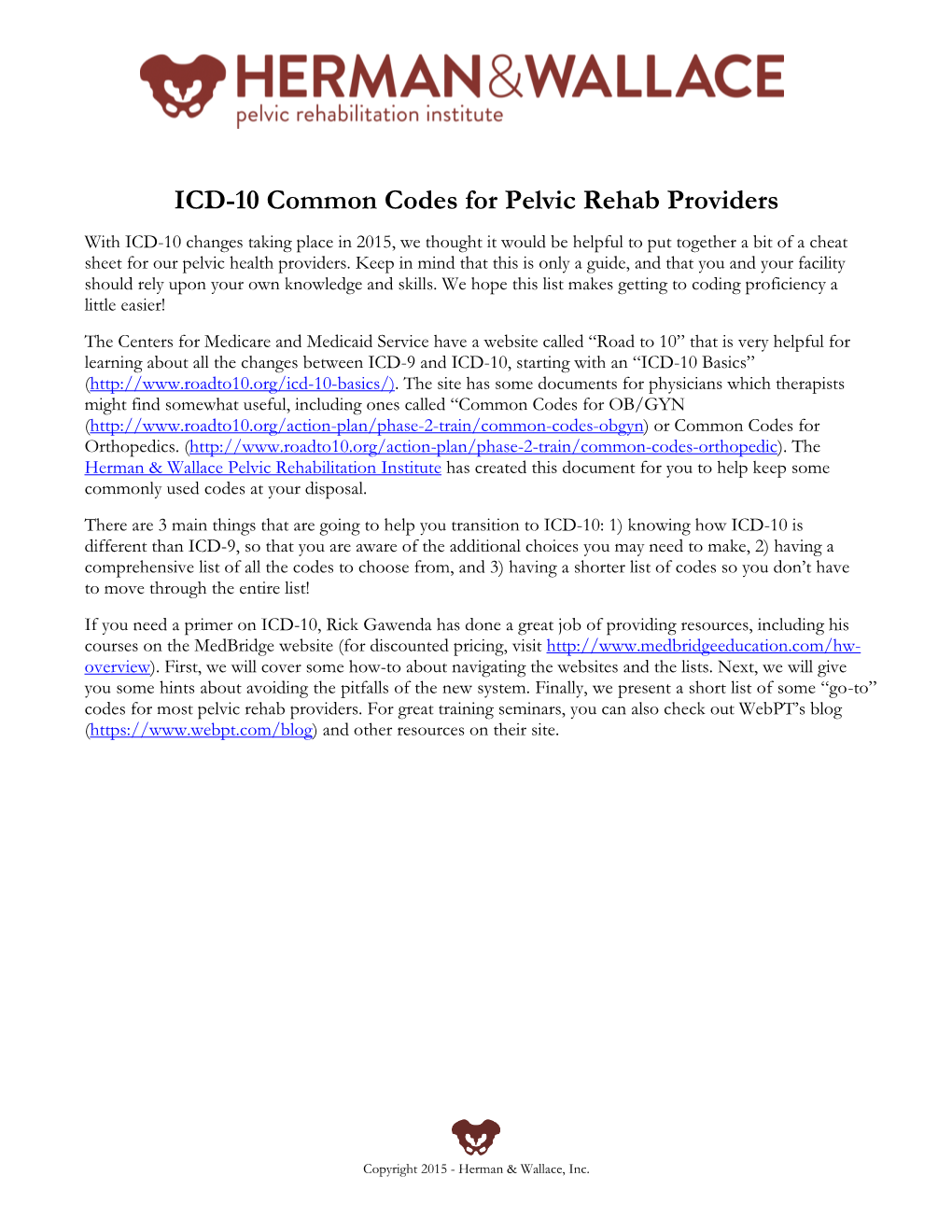 ICD-10 Common Codes for Pelvic Rehab Providers