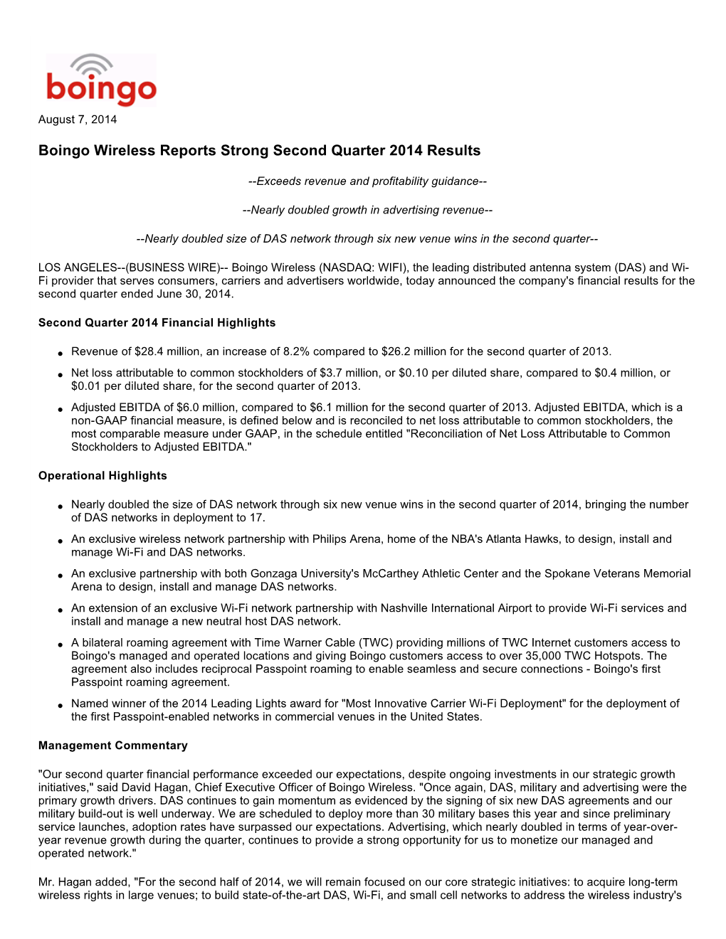 Boingo Wireless Reports Strong Second Quarter 2014 Results