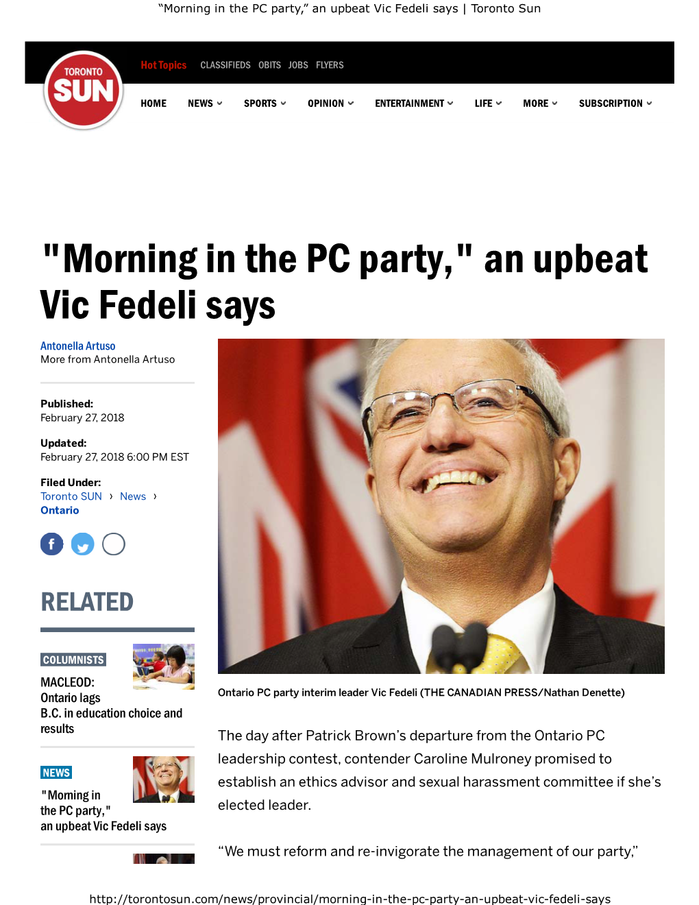 “Morning in the PC Party,” an Upbeat Vic Fedeli Says | Toronto Sun