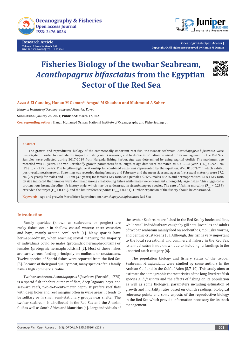 Fisheries Biology of the Twobar Seabream, Acanthopagrus Bifasciatus from the Egyptian Sector of the Red Sea