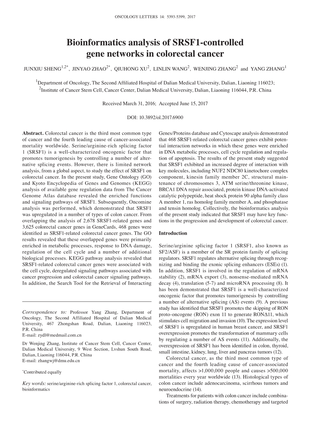 Bioinformatics Analysis of SRSF1‑Controlled Gene Networks in Colorectal Cancer