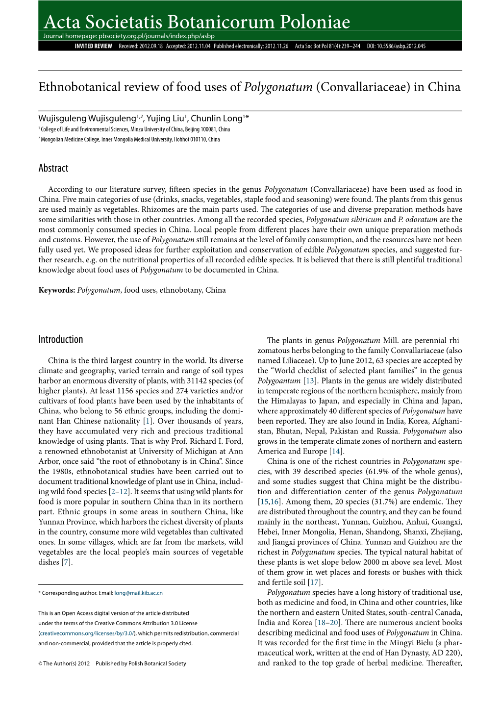 Ethnobotanical Review of Food Uses of Polygonatum (Convallariaceae) in China