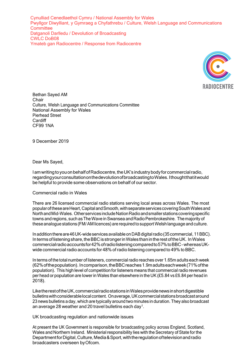 Dob08 Ymateb Gan Radiocentre / Response from Radiocentre