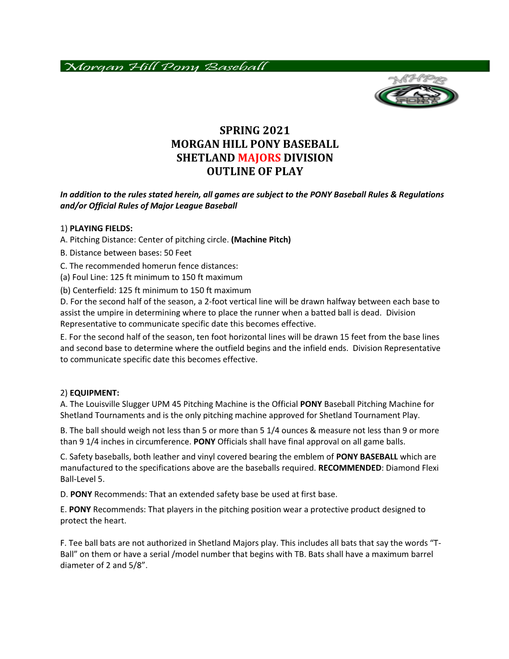 Spring 2021 Morgan Hill Pony Baseball Shetland Majors Division Outline of Play