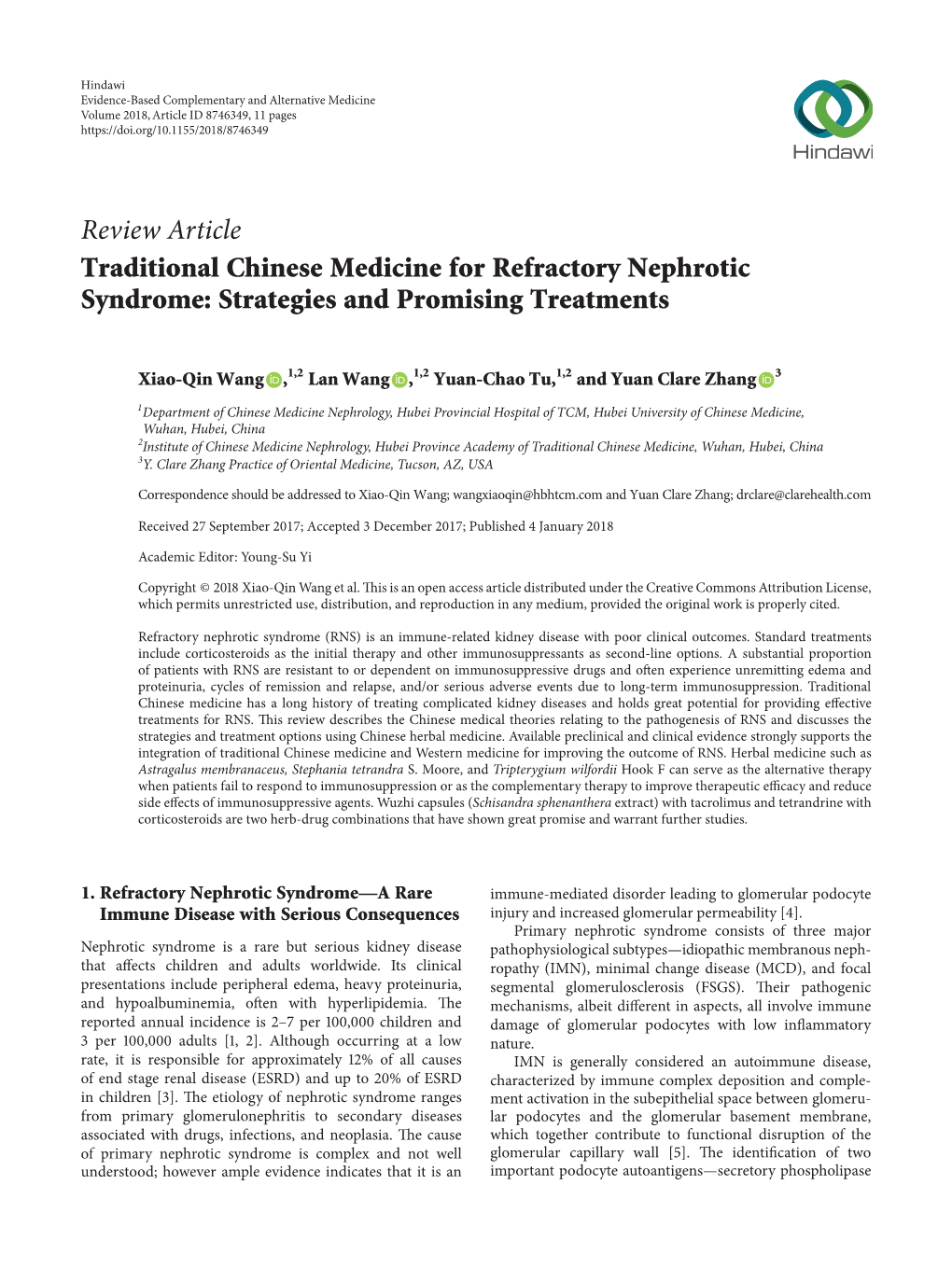 Review Article Traditional Chinese Medicine for Refractory Nephrotic Syndrome: Strategies and Promising Treatments