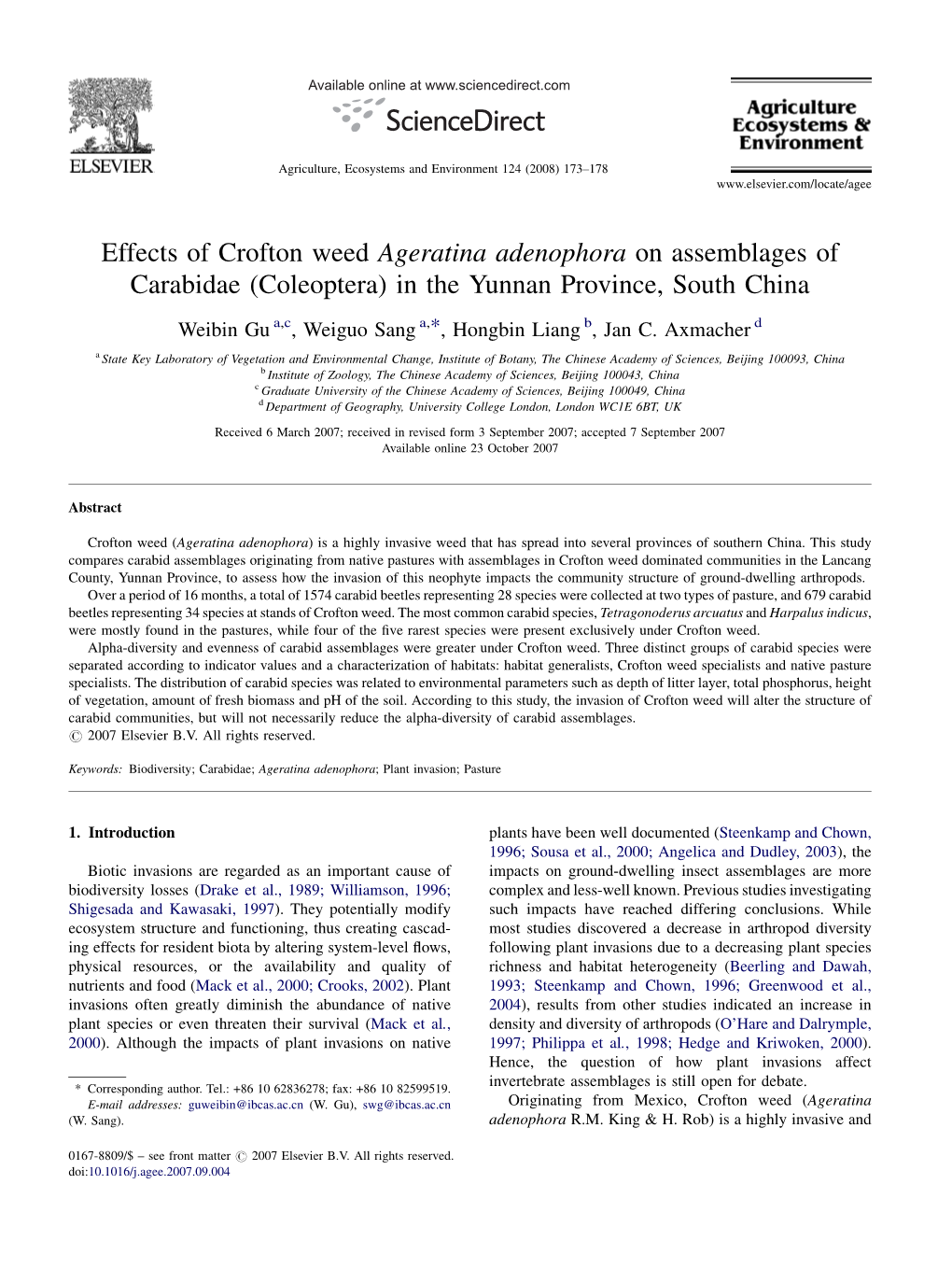 Effects of Crofton Weed Ageratina Adenophora on Assemblages of Carabidae (Coleoptera) in the Yunnan Province, South China