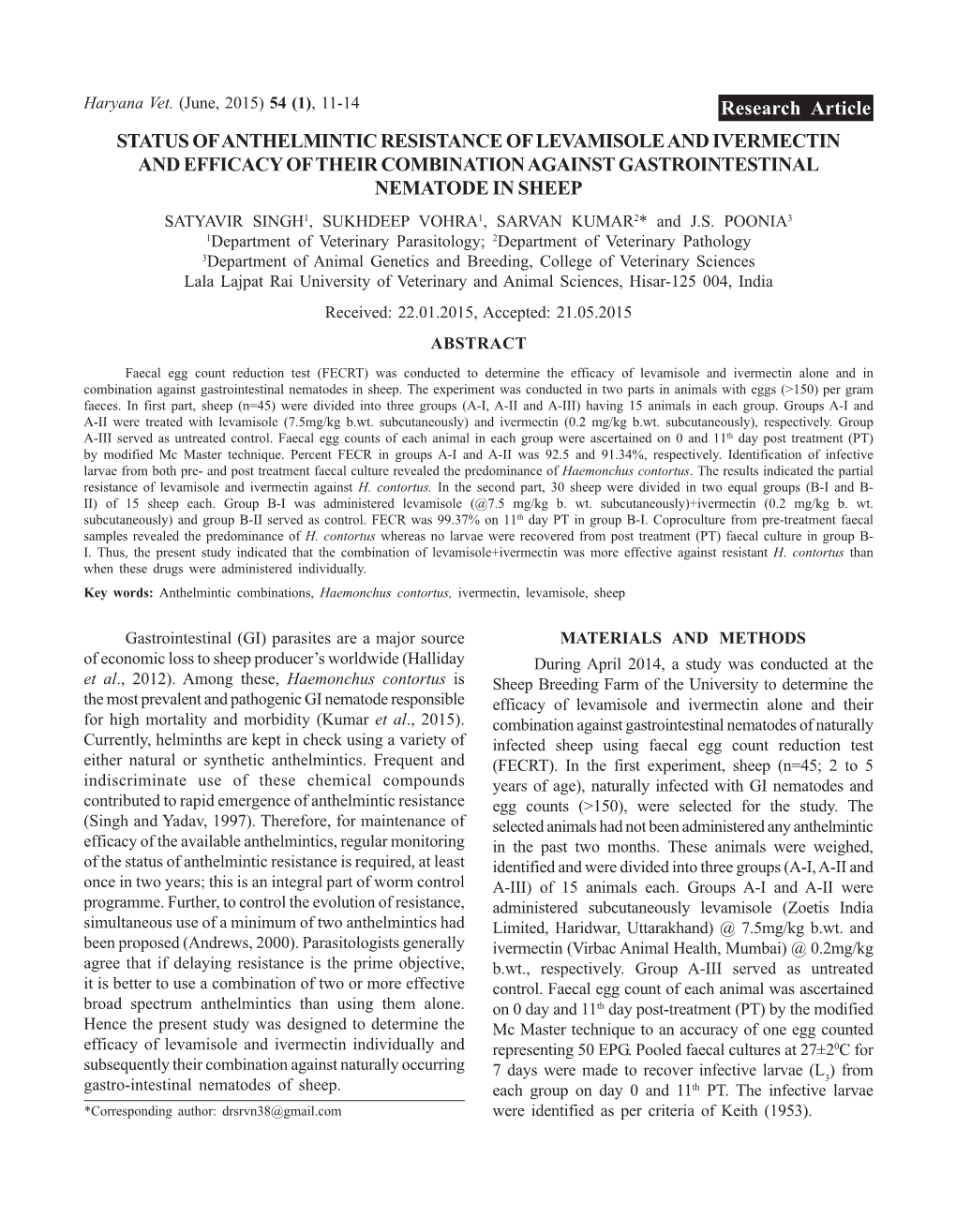 Status of Anthelmintic Resistance of Levamisole and Ivermectin