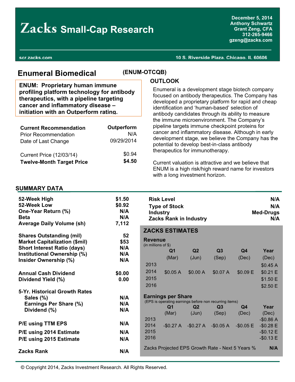 Small-Cap Research 312-265-9466 Gzeng@Zacks.Com