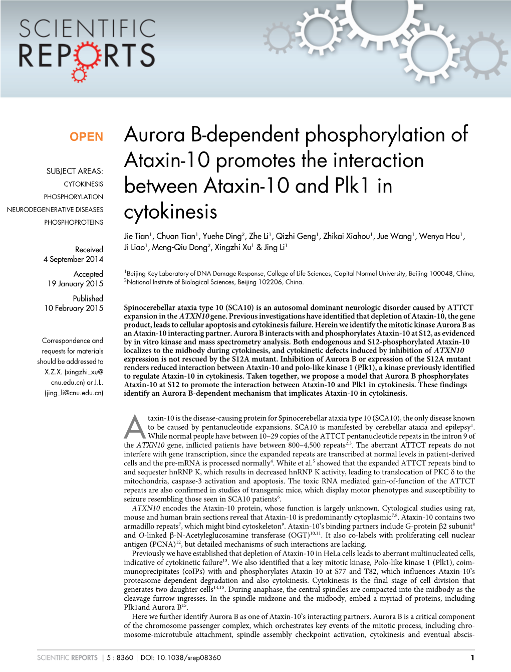 Aurora B-Dependent Phosphorylation of Ataxin-10 Promotes The