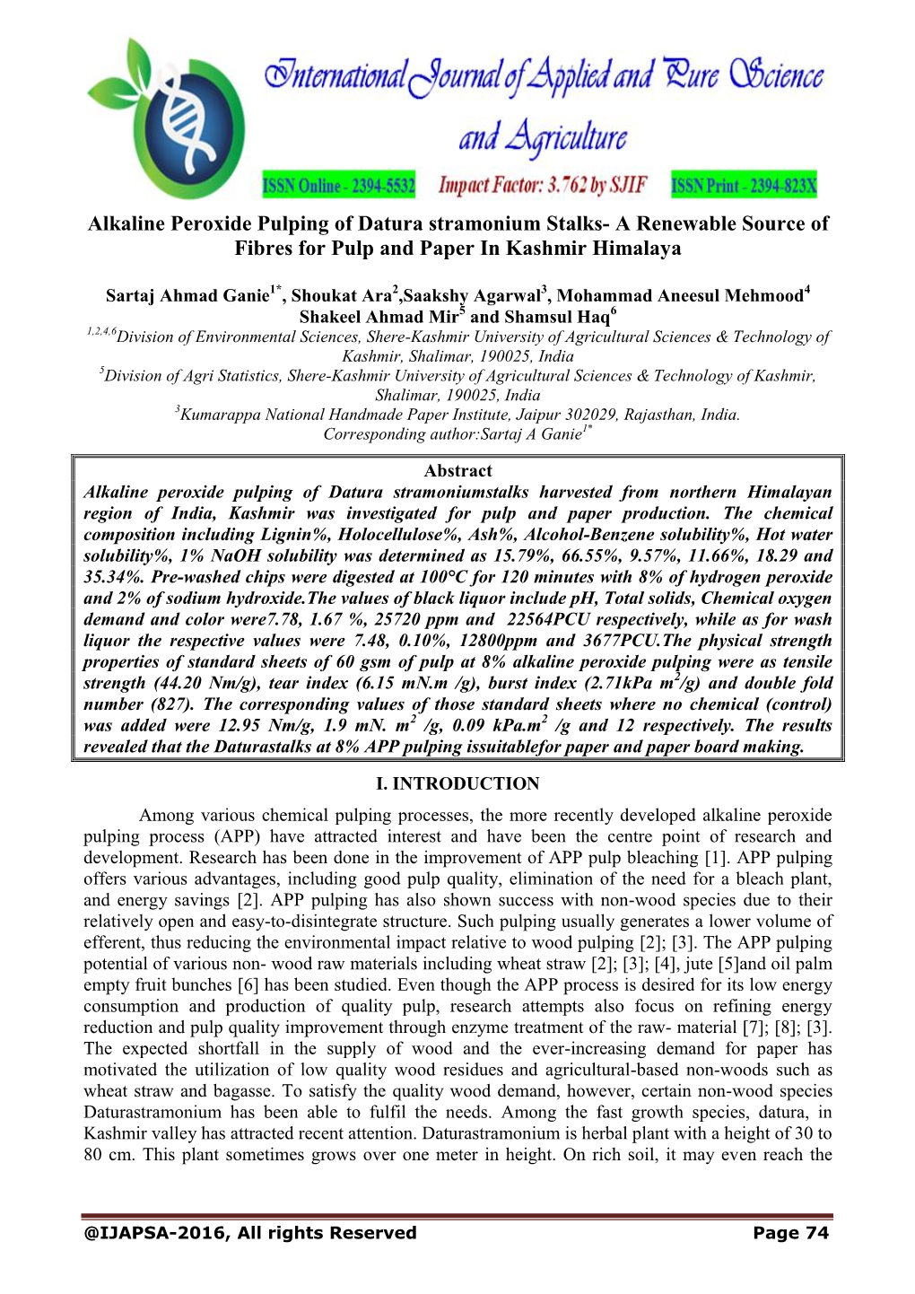 Alkaline Peroxide Pulping of Datura Stramonium Stalks- a Renewable Source of Fibres for Pulp and Paper in Kashmir Himalaya