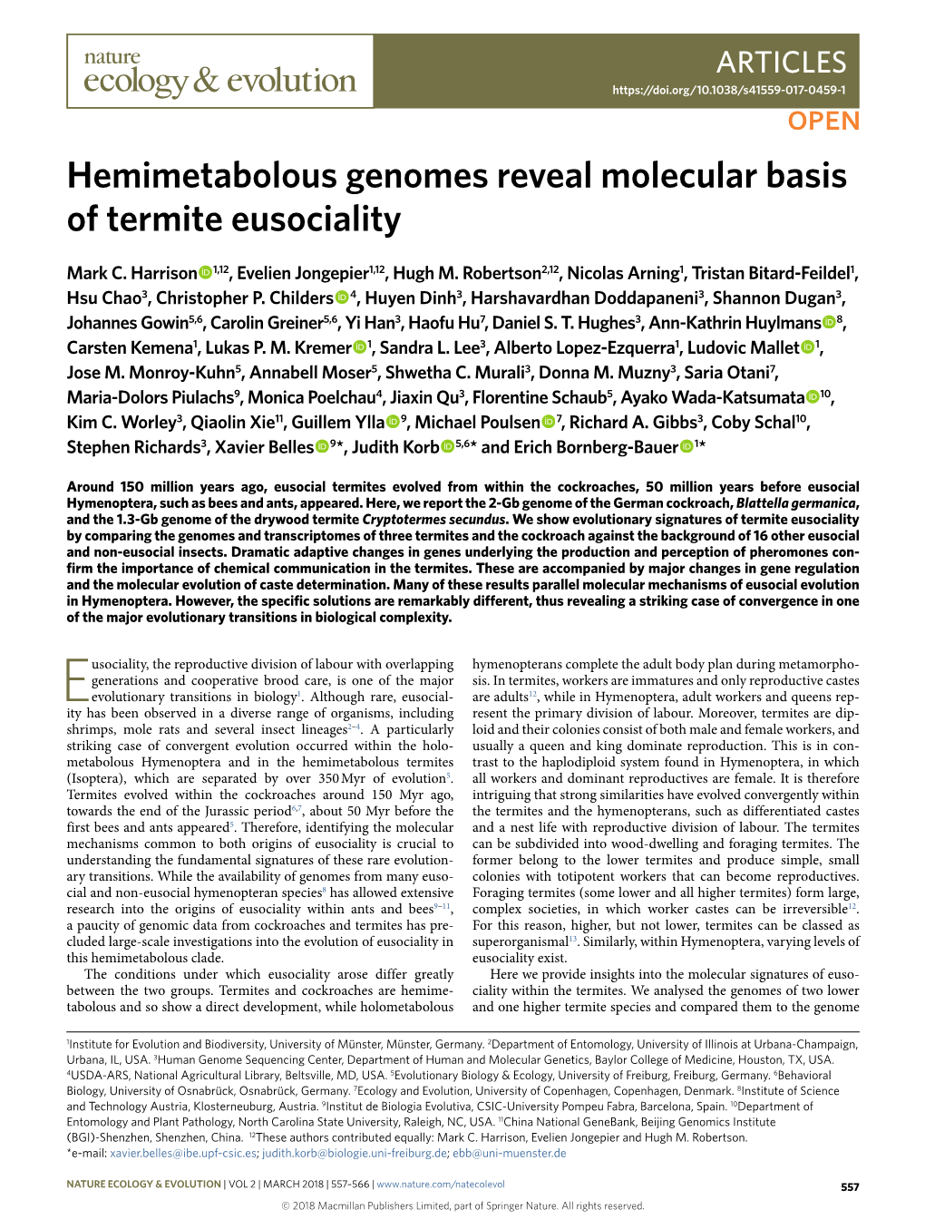 Hemimetabolous Genomes Reveal Molecular Basis of Termite Eusociality