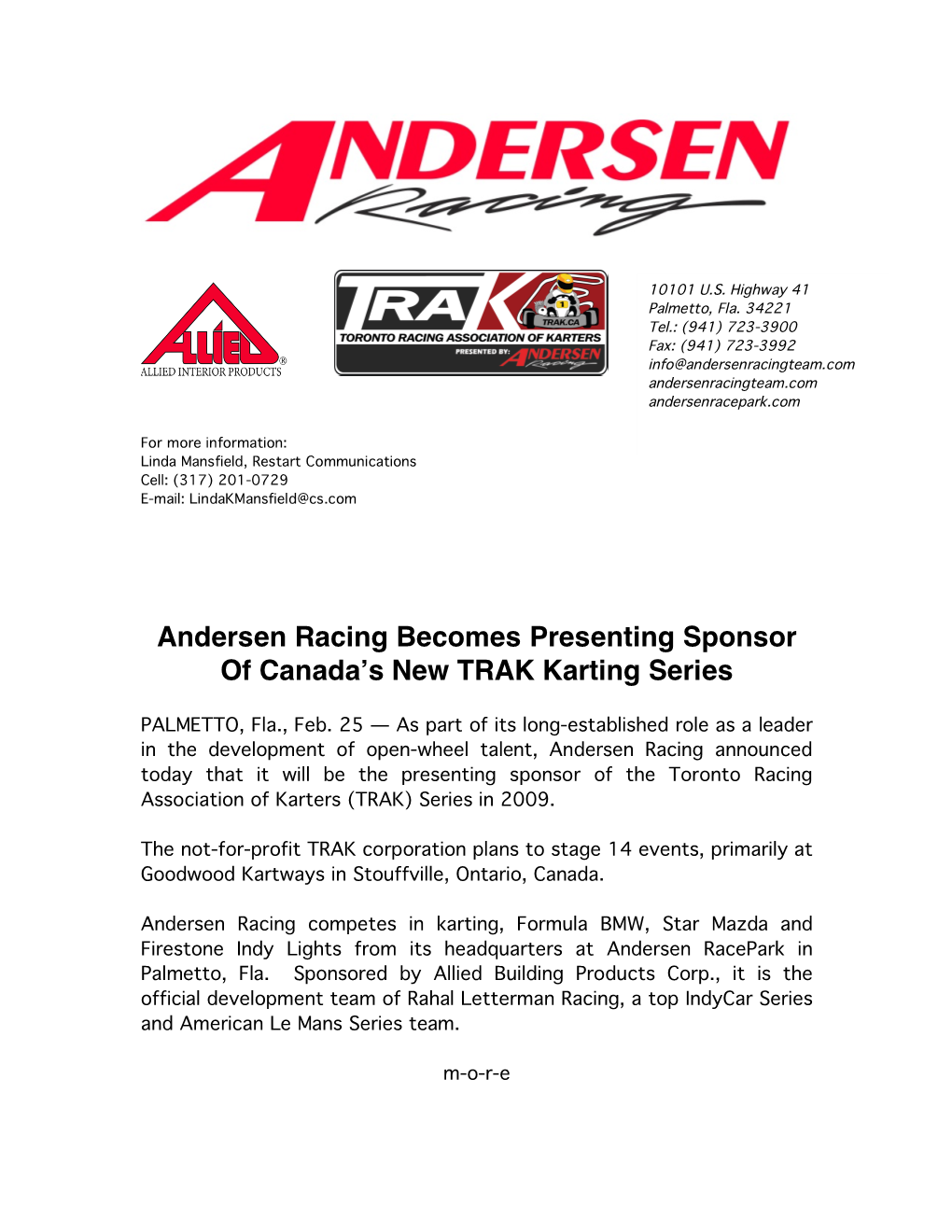 Andersen Racing Becomes Presenting Sponsor of Canada's