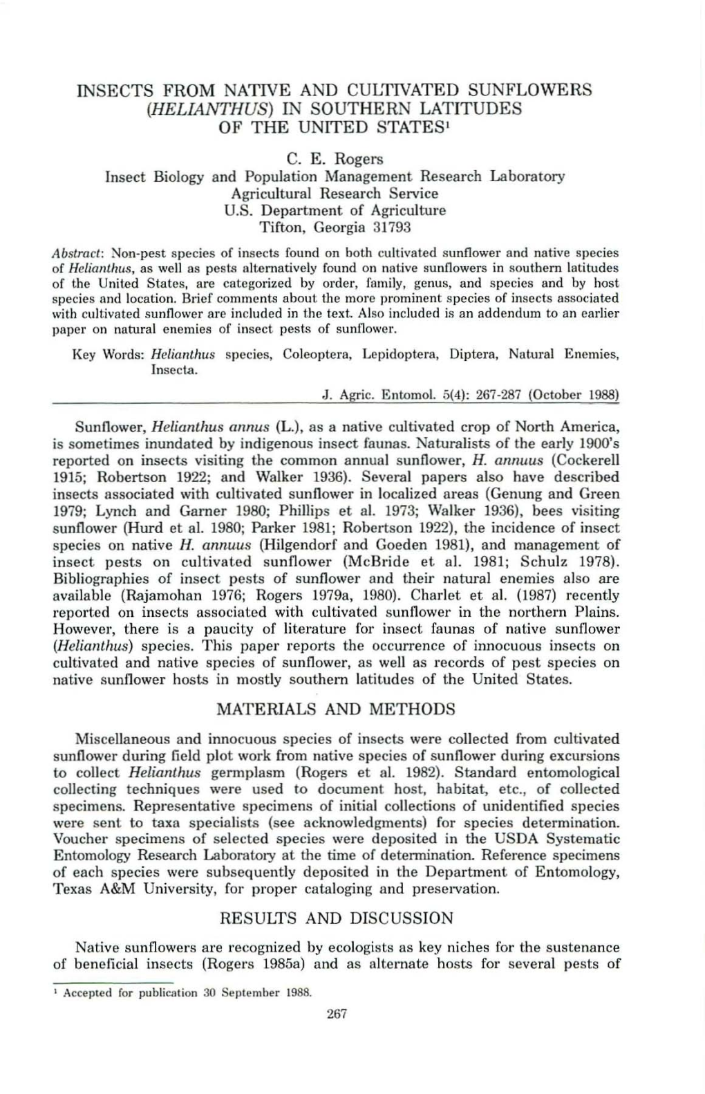 INSECTS from NATIVE and CULTIVATED SUNFLOWERS (Hellanthus) in SOUTHERN LATITUDES of the UNITED STATES'