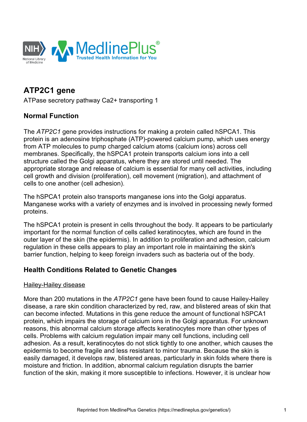 ATP2C1 Gene Atpase Secretory Pathway Ca2+ Transporting 1