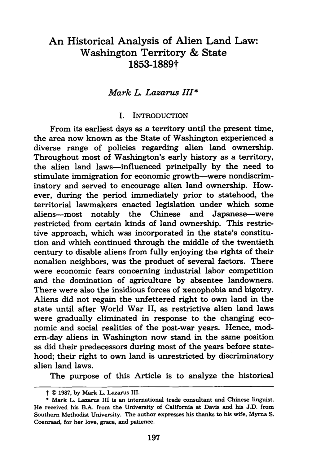 An Historical Analysis of Alien Land Law: Washington Territory & State 1853-1889T