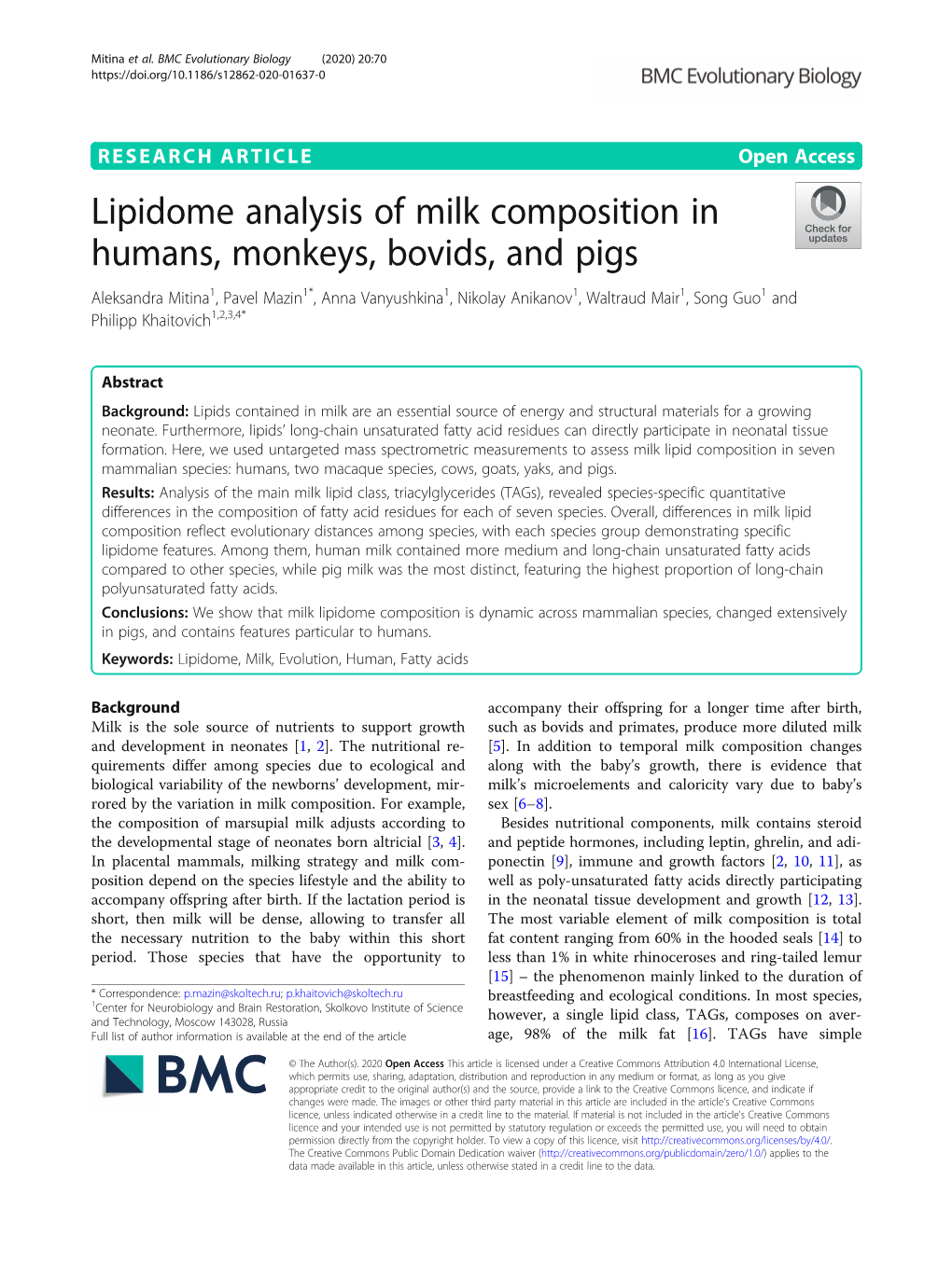 Lipidome Analysis of Milk Composition in Humans, Monkeys, Bovids, and Pigs