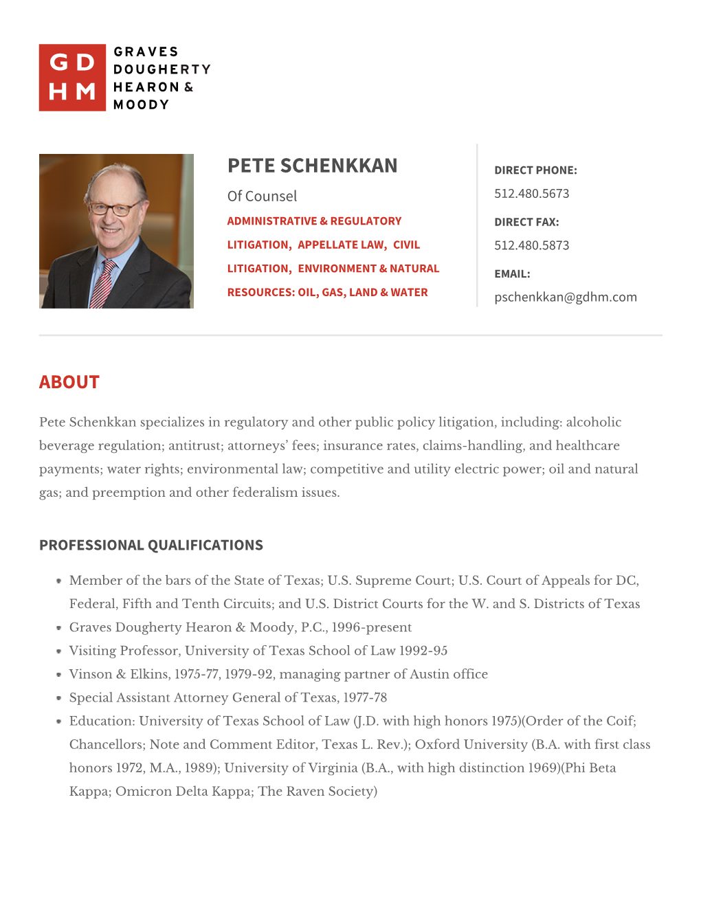 PETE SCHENKKAN DIRECT PHONE: of Counsel 512.480.5673 ADMINISTRATIVE & REGULATORY DIRECT FAX: LITIGATION, APPELLATE LAW, CIVIL 512.480.5873