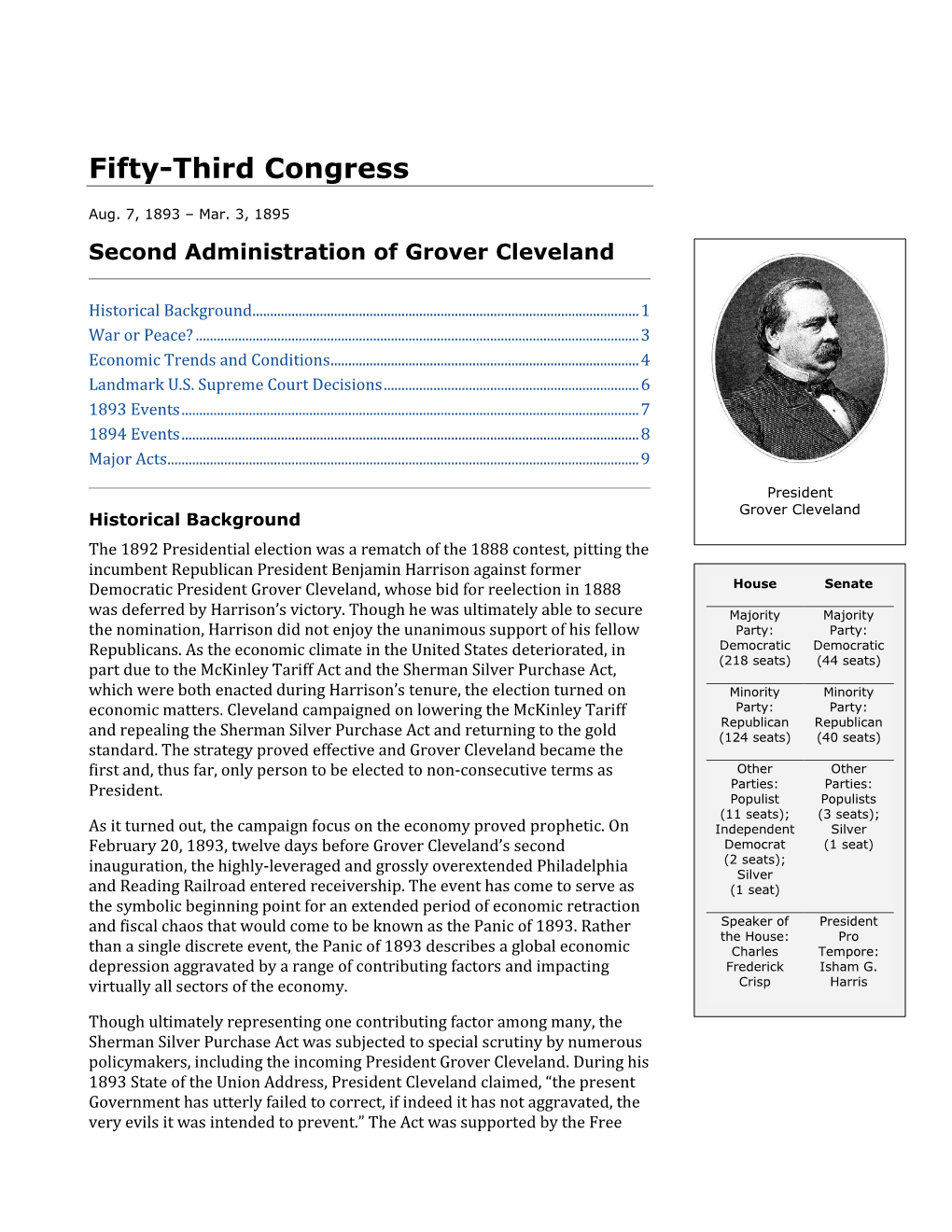 53Rd Congress Transpired During a Time of Relative Peace for the United States