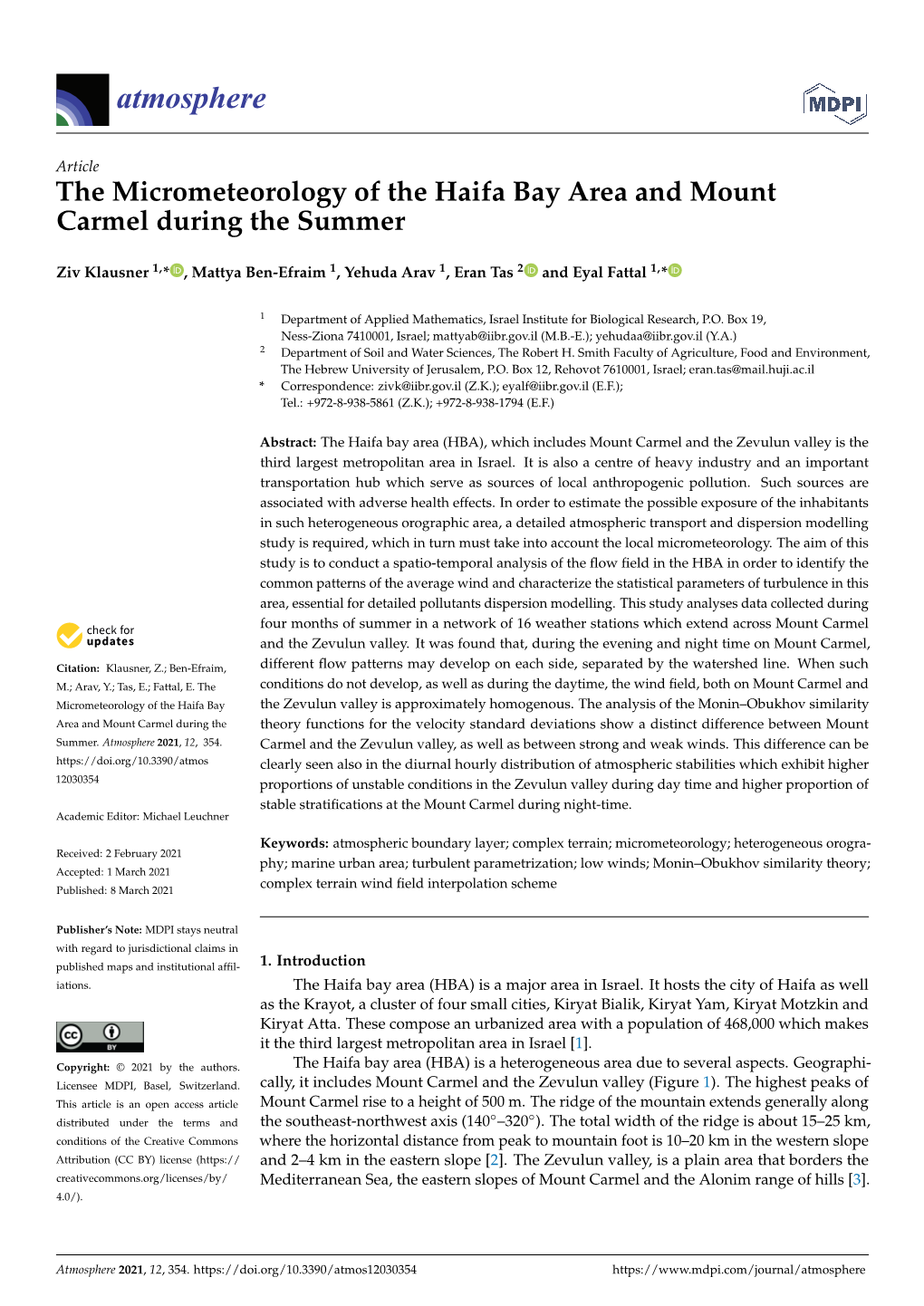 The Micrometeorology of the Haifa Bay Area and Mount Carmel During the Summer