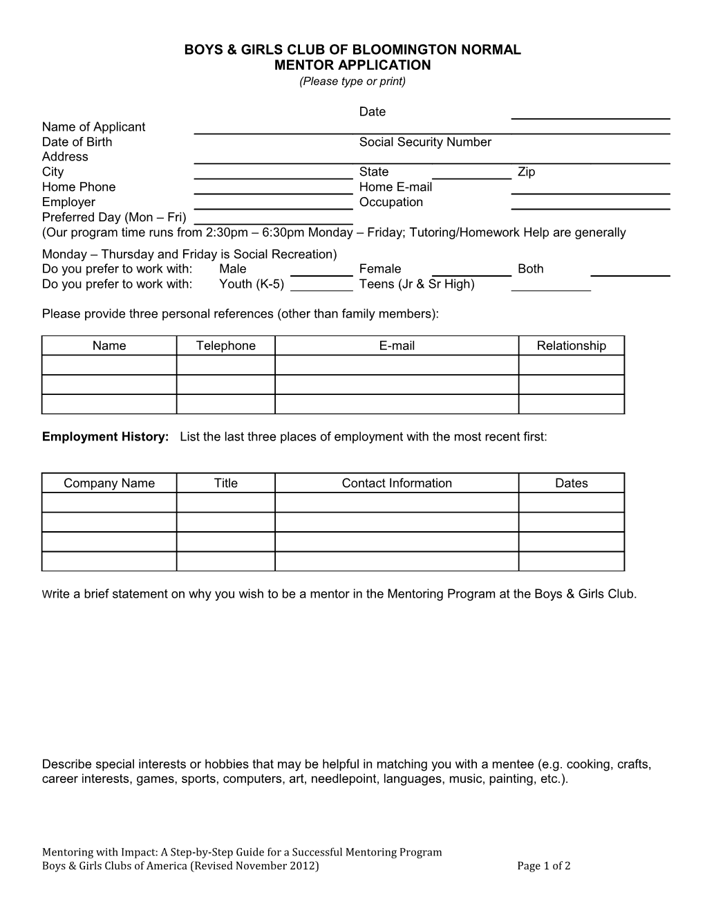 Boys & Girls Club Mentor Application