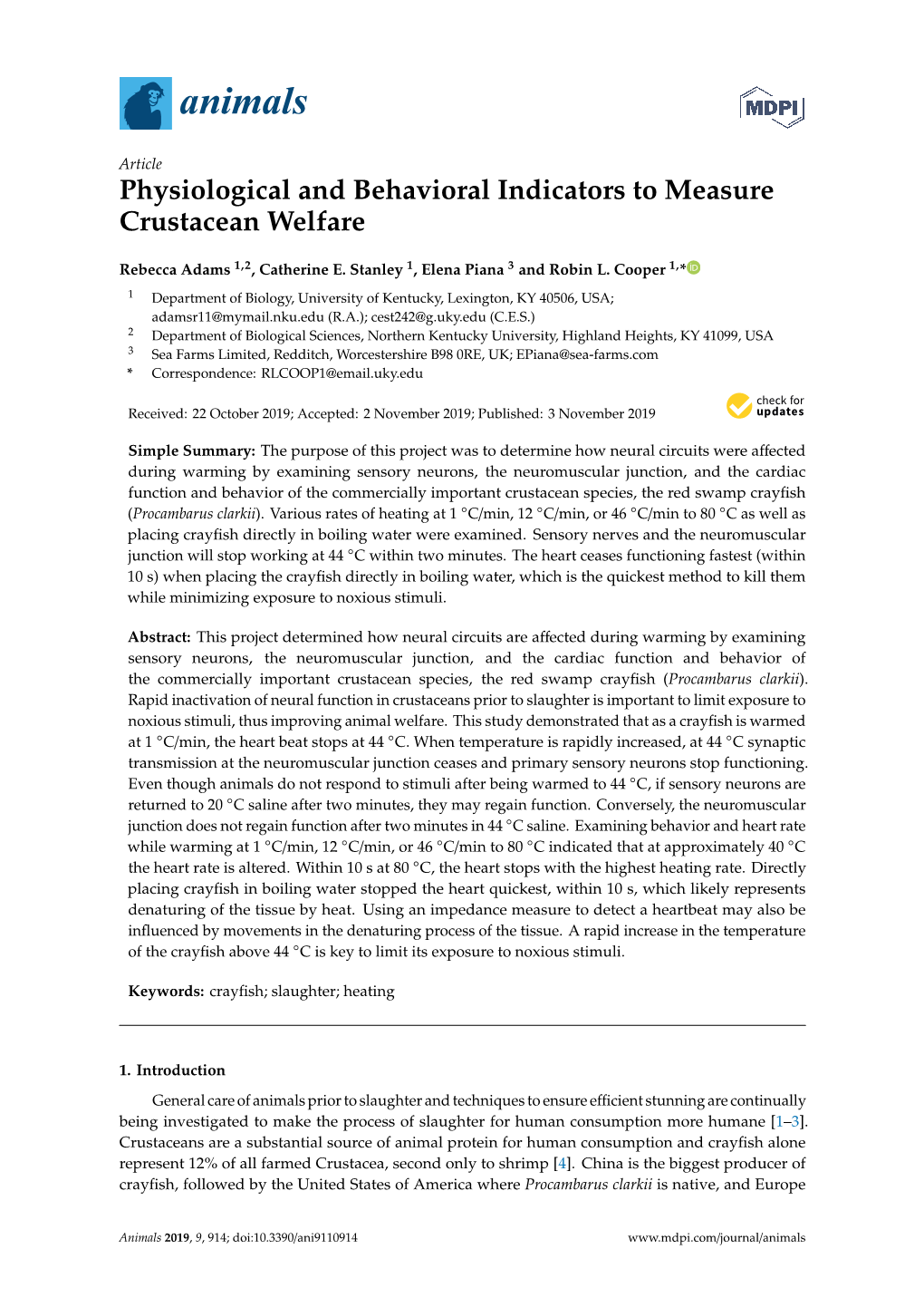 Physiological and Behavioral Indicators to Measure Crustacean Welfare