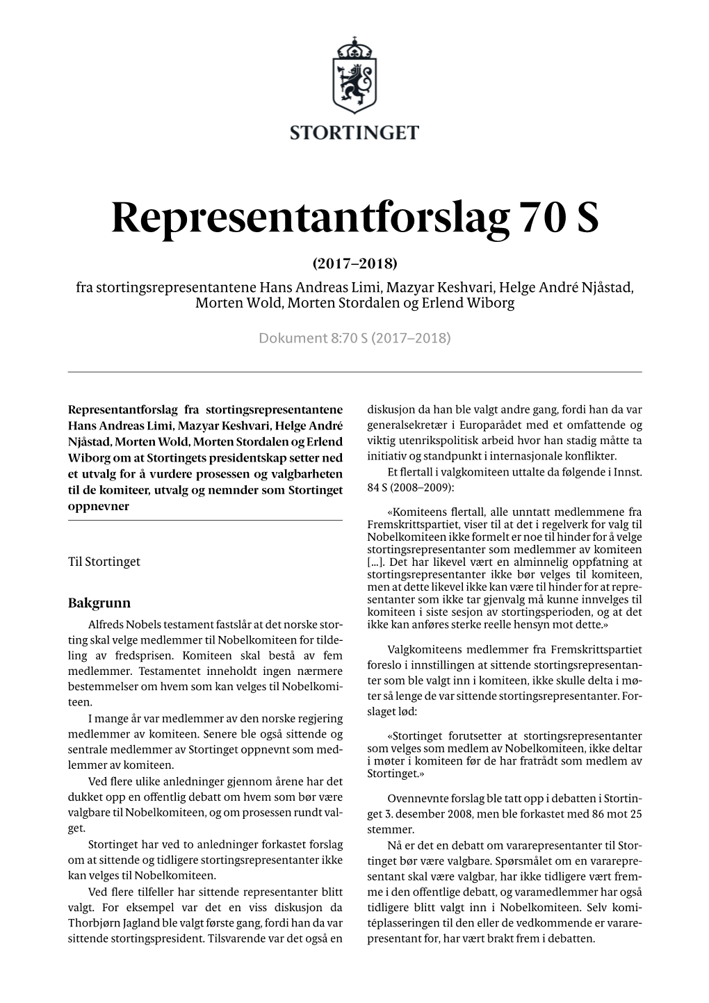 Representantforslag 70 S
