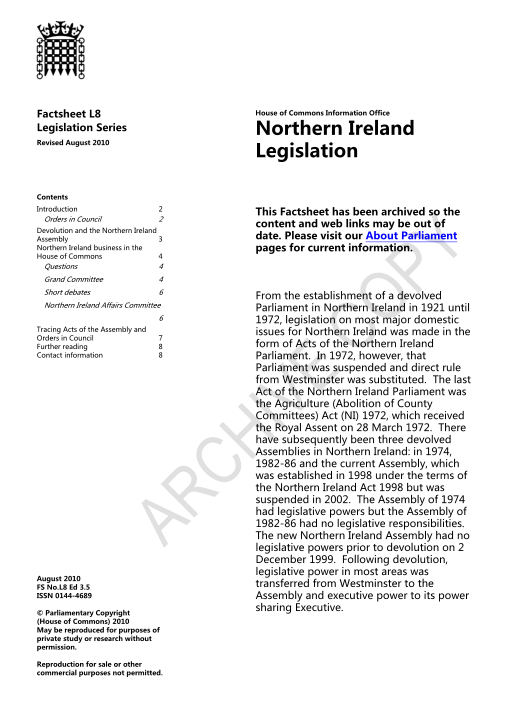 Northern Ireland Legislation House of Commons Information Office Factsheet L8