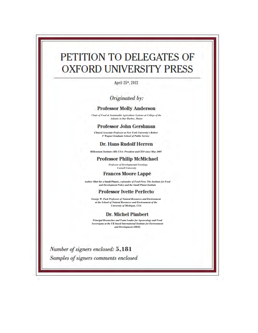 Petition to Delegates of Oxford University Press