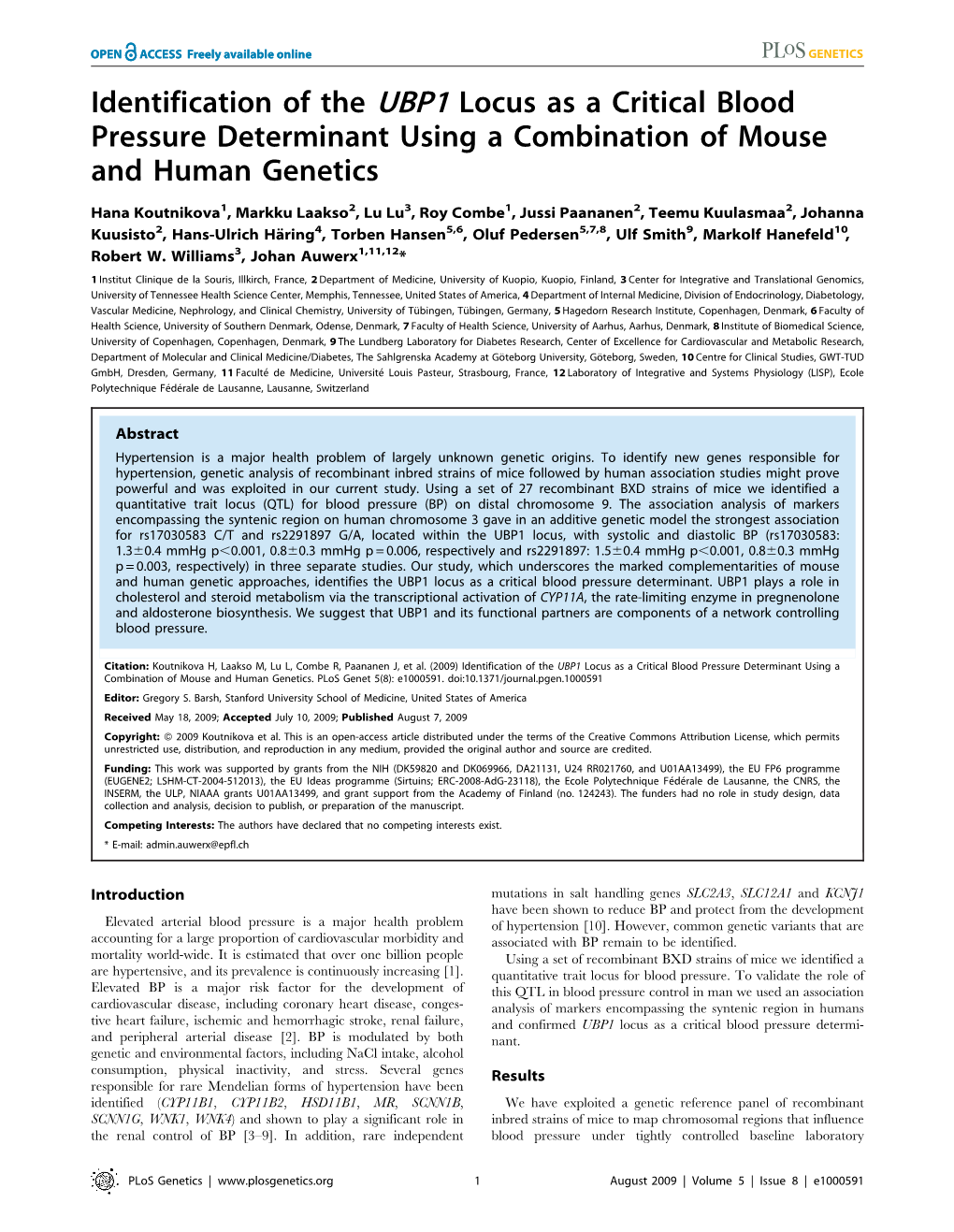 Identification of the UBP1 Locus As a Critical Blood Pressure Determinant Using a Combination of Mouse and Human Genetics