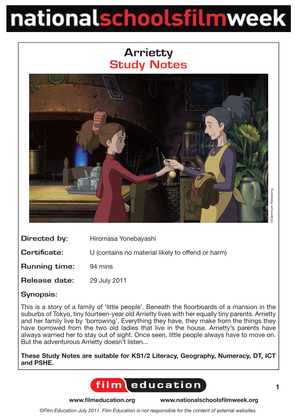 Arrietty Study Notes ©Optimum Releasing