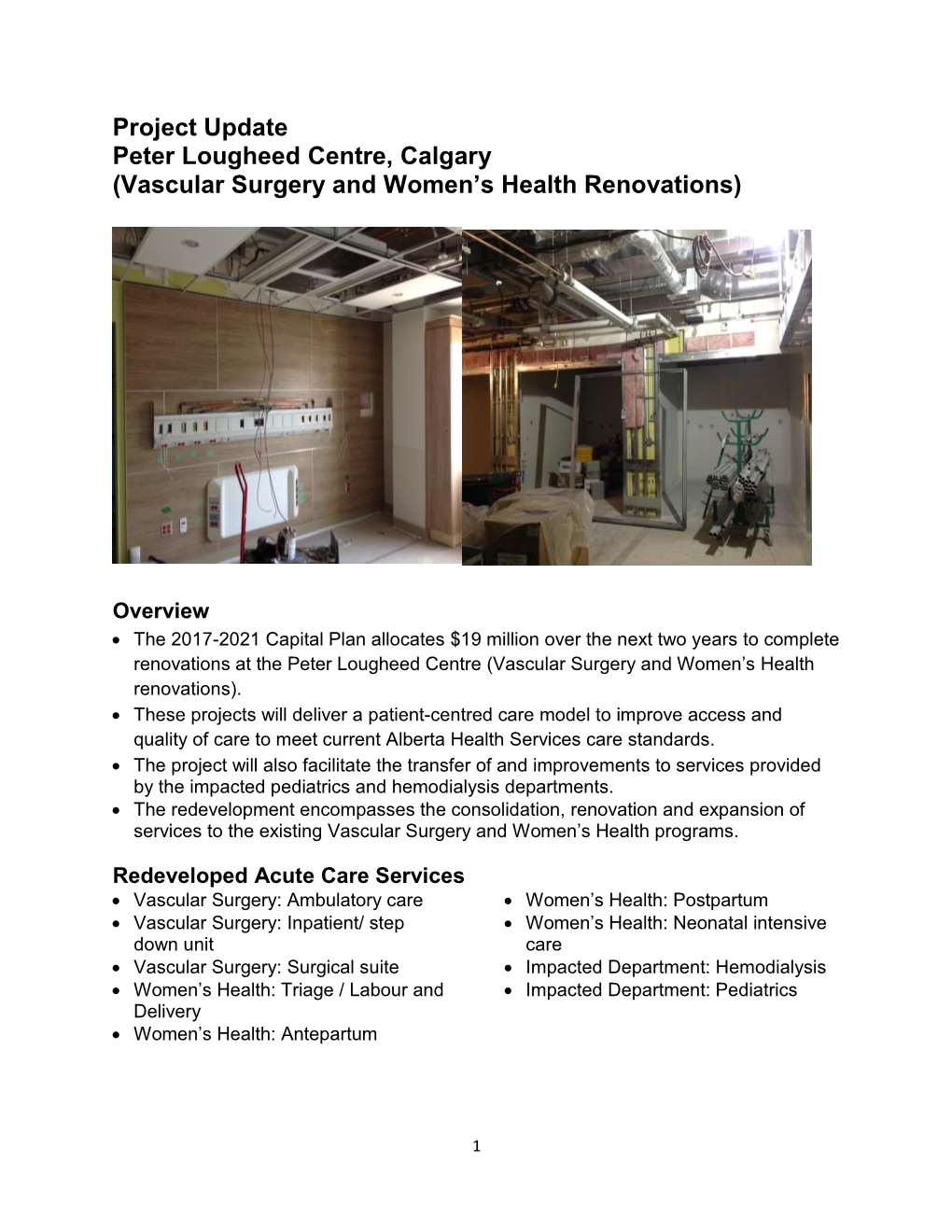 Project Update Peter Lougheed Centre, Calgary (Vascular Surgery and Women’S Health Renovations)