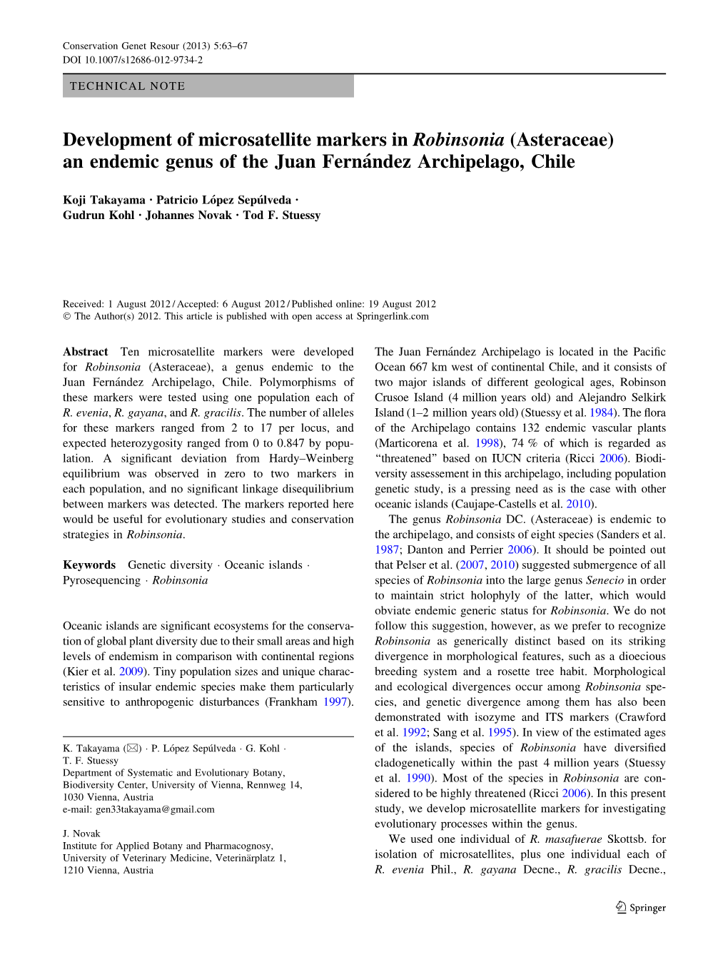 Development of Microsatellite Markers in Robinsonia (Asteraceae) an Endemic Genus of the Juan Ferna´Ndez Archipelago, Chile